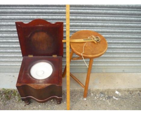 Hand crafted elm wood circular top bar stool on tree supports and a Victorian mahogany commode (2) 