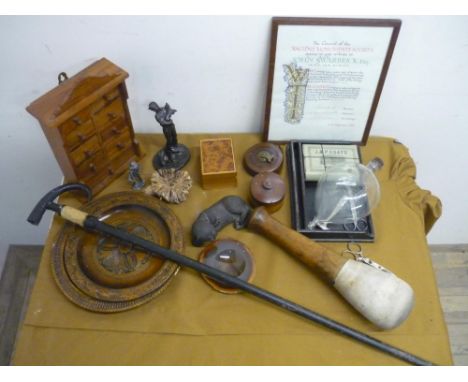 Miniature chest of wooden drawers, walking stick, carved wood figures, framed Council Of The Ancient Monument Society John Sw