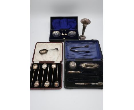 Pair of Edwardian cut glass salts with hallmarked silver rims and spoons, Birmingham 1908, cased a Geo. V hallmarked silver p