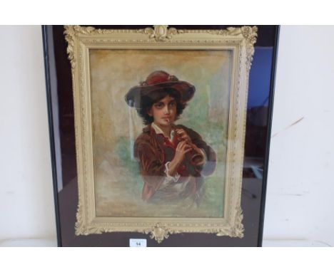 Continental school early 29th C, half length portrait of a young boy playing a flute, in gilt wood and gesso frame, within gl