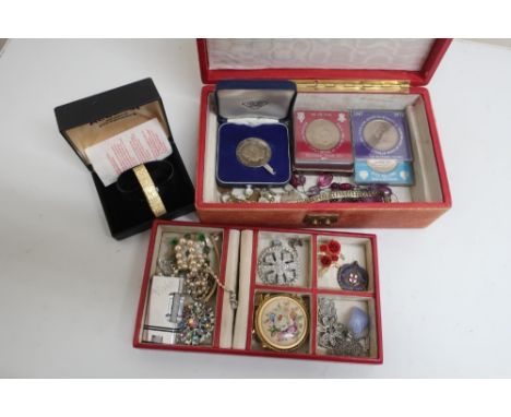 Red leather jewellery box containing a quantity of costume jewellery including Acurist watch, Royal Wedding Silver Wedding cr