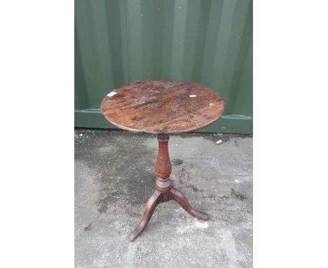 19th C elm and mahogany tripod wine table with circular top on turned column on splay legs 