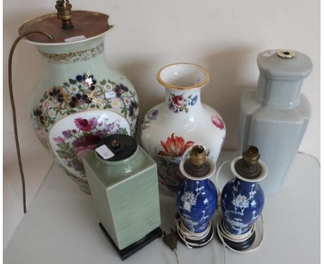 Selection of various assorted vases and table lamps, including a pair of Chinese blue &amp; white blossom pattern lamps (A/F)