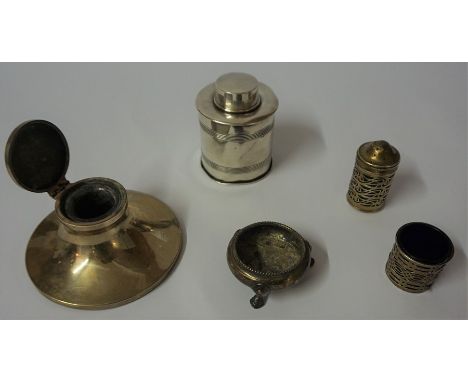 A Silver Inkwell, Hallmarks for Birmingham, having glass insert, also with a silver caddy with cover, two silver condiments a