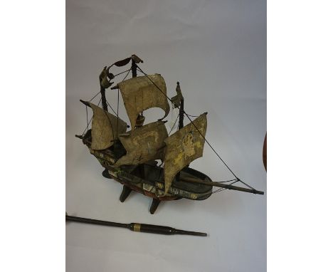 A Painted Wood Model of a Galleon, on stand, 49cm high, also with an ivory mounted chanter, and a wall barometer, (3)