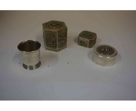 Two Chinese Style White Metal Boxes, Probably silver, marks indistinct, one octagonal shaped, the other square shaped, having