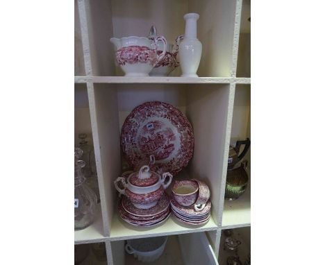 A Mixed Lot of Glass, China and Pottery, to include decanters, jugs, a Spanish style red printed part tea set, pottery jug an
