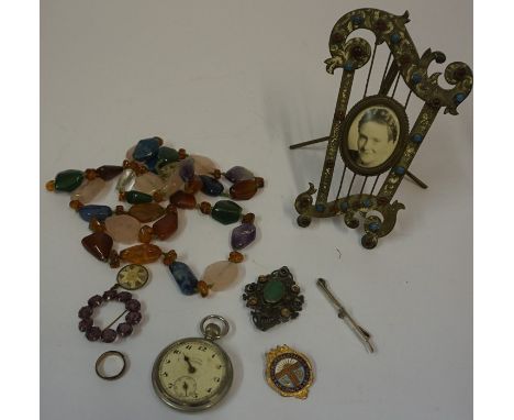 A Quantity of Vintage Costume Jewellery, to include a photo pendant, brooches, necklace, Indian style white metal belt, photo