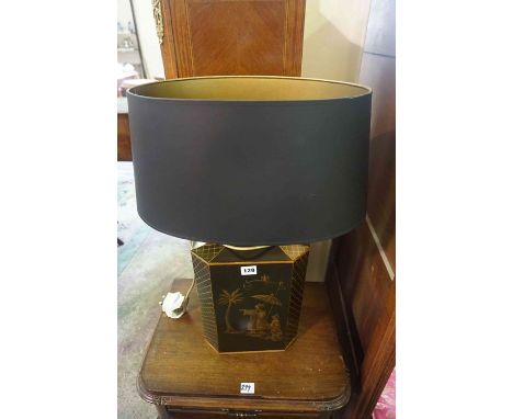 A Vintage Style Japanned Table Lamp, Having gilded decoration, on a black ground, 40cm high, with shade, fitted for electrici
