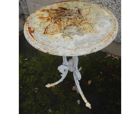 A Victorian Design White Painted Cast Iron Garden Table, Having a circular top, raised on tripod supports, 69cm high, 50cm wi