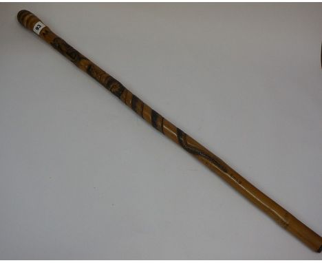 A Chinese Bamboo Walking Stick, The shaft carved with snakes, character marks below, 90cm long