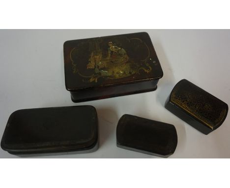 Three Black Lacquered Papier Mache Snuff Boxes, circa early 19th century, various sizes, also with another snuff box, (4) 