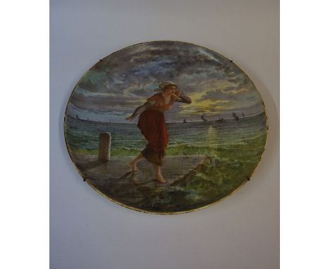 A Signed Ceramic Plate by Barluet &amp; Compagnie of Montereau, Decorated with a female figure standing on a pier overlooking