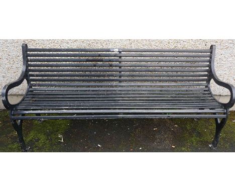 An Arts &amp; Crafts Design Black Painted Cast Iron Garden Bench, 82cm high, 184cm wide, 53cm deep