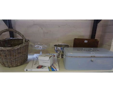 A Mixed Lot of Sundry Collectables, to include a metal biscuit tin, a wicker basket, a glass comport, silver plated items, ta