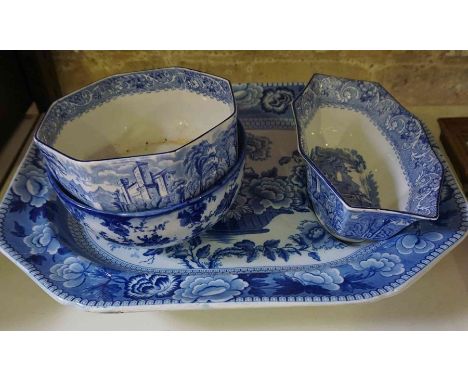 A Victorian Blue and White Pottery Meat Platter, 52cm wide, also with two blue and white bowls, dish, and platter, an a Scott