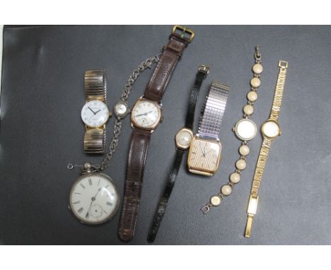 A SELECTION OF VINTAGE WATCHES ETC, to include gold examples, Rotary quartz etc together with a hallmarked silver pocket watc