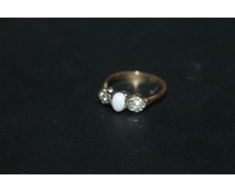 AN OPAL AND DIAMOND THREE STONE RING, marks indistinct, approx weight 3g, ring size N 1/2