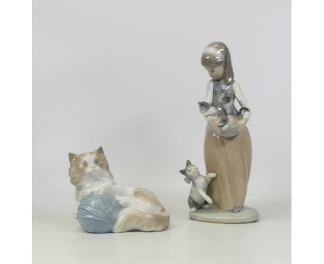 Lladro Girl Holding Kittens 1309 Also A Nao Kitten With A Ball Of Wool 257 Tallest 23cm(2)