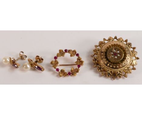 Selection of 9ct gold jewellery including 9ct Victorian ruby &amp; seed pearl brooch, glass back with steel pin, smaller ruby