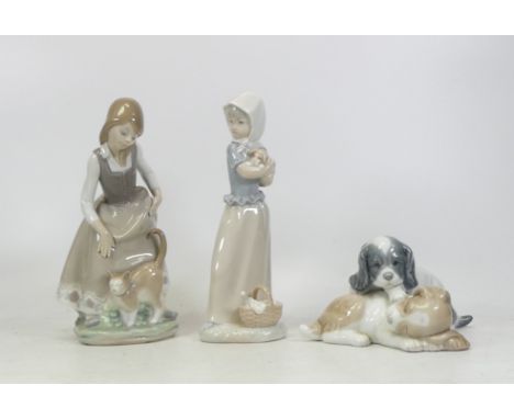 Lladro Girl With Cat 1187 Also Cocker Spaniels Lying Down and Girl Holding Dog 0170 Tallest 22cm(3)