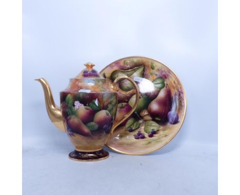 Brookdale J Mottram handpainted teapot and Cabinet Plate. Painted Fruit Still Lifes to both. (2)