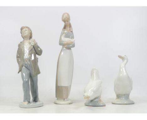 Nao By Lladro Figurines Including Two Geese, Bare Foot Ship Boy With Sack and Lady Figurine Cradling a Duck (A/F on base) Tal