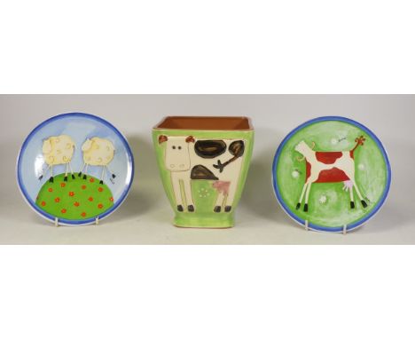 Collection of St Michael Ceramic to include 'Cow' Decorated Planter Vase and Two FArm Animal Decorated Plates. (H: 16cm) (3)