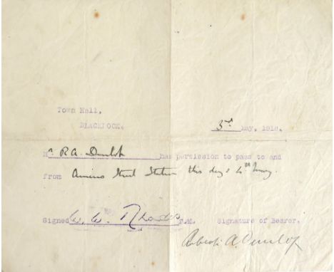1916 Travel Permit: A cyclostyled Travel Permit, with manuscript details, issued to Mr. R.A. Dunlop, from Town Hall, Blackroc