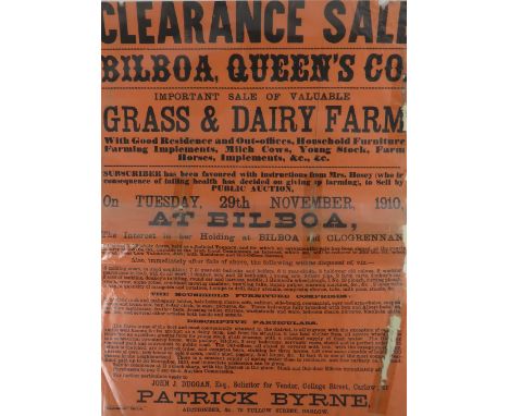 Co. Laois:&nbsp; Queen's County - Broadside, Auction Poster, Bilboa and Clogrennan, 29th November 1910 for Clearance Sale in 