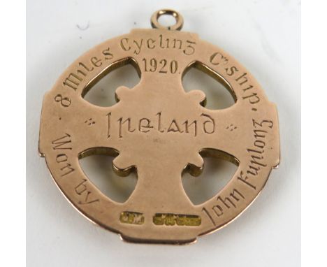 1920 All-Ireland Cycling (G.A.A.)  Medal: G.A.A. (Cycling 1920), A rare 9ct gold Celtic cross design Medal, the obverse with 