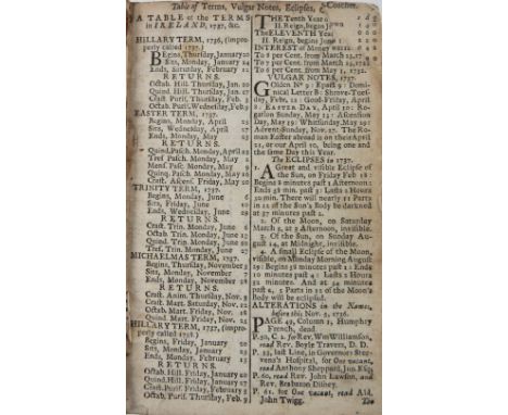 Early Irish Almanack  Almanacks:&nbsp;&nbsp;Watson (John)&nbsp;The Gentleman and Citizen's Almanack, for 1737, 1738, 1739, 17