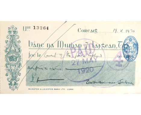 MacSwiney (Terence) martyred Lord Mayor of Cork. An original paid Cheque drawn on his account at Banc na Mumhan &amp; Laighea
