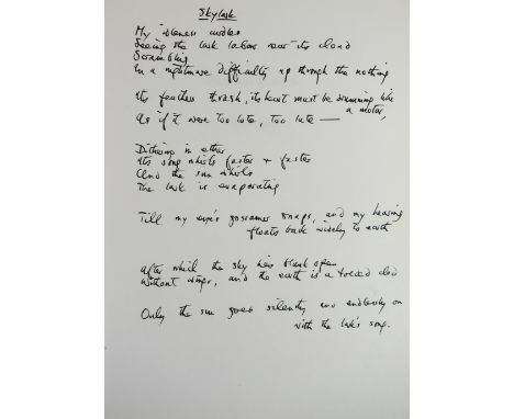 One of Two Copies with Manuscript Poem  Hughes (Ted)&nbsp;Animal Poems, Royal Octavo, Devon (R. Gilbertson) [1967]&nbsp;signe