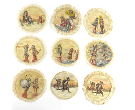 After Louis Wain, Artist Paintings: A Collection of 9 circular Doylies, each painted on silk, and 8 with lace rim, depicting 
