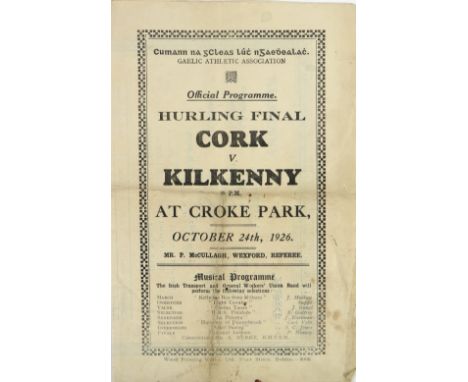 1926 All-Ireland Hurling Final  Programme: G.A.A. [Hurling 1926] Official Match Programme - Hurling Final. Cork v. Kilkenny a