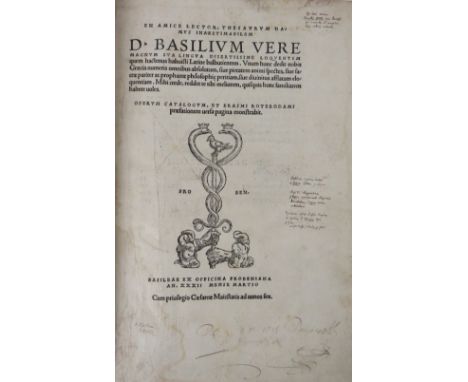 Early Printing by Froben:&nbsp;En Amice lector. Thesaurum damus inaestimabilem D. Basilium Vere nagnum sua lingua dissertissi