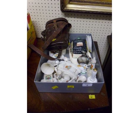 W W I field glasses, together with a collection of crested ware, to include two First World War tanks and other items