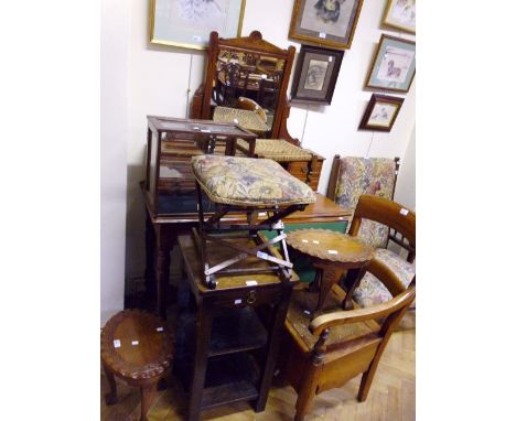 A Victorian mirror backed mahogany dressing table, together with a folding bridge table, commode chair and a folding stool