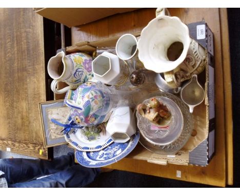 A box of ceramics and glass, to include Hummel figure, 1940s Poole two handle vase and one other box of similar