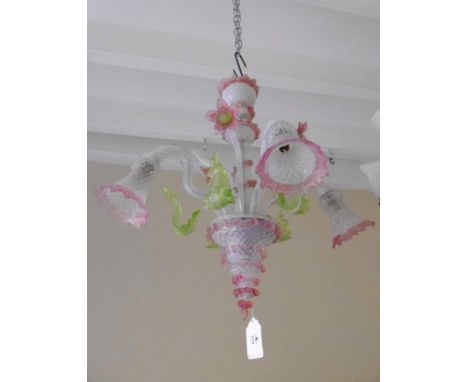 A late Victorian vaseline green glass and cranberry tinted five light electrolier, with leaf and flower scrolling branches, 6