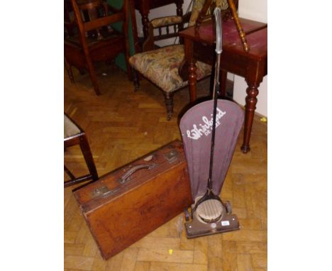 A tan leather vintage suitcase, monogrammed B.S.S., together with a wooden banded fibre cabin trunk, a vintage Whirlwind Delu
