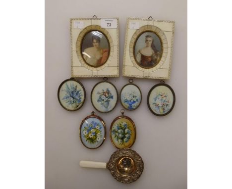 A pair of early 20th century Italian portrait miniatures, in ivory fronted frames, together with other miniature studies of f