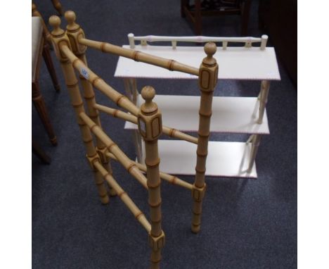 A faux bamboo folding towel rail, and a cream painted three tier hanging wall shelf