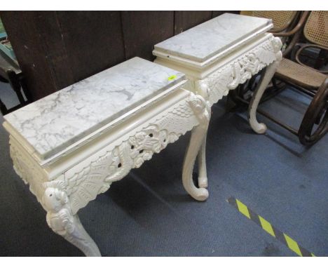 A pair of white painted Chinese console tables with marble tops (adapted from an occasional table) 28 3/4" x 27 3/4" x 14" 