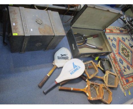 A metal coal chest with lead lining, together with a vintage school chest containing Dunlop, Slazenger and other wooden racqu