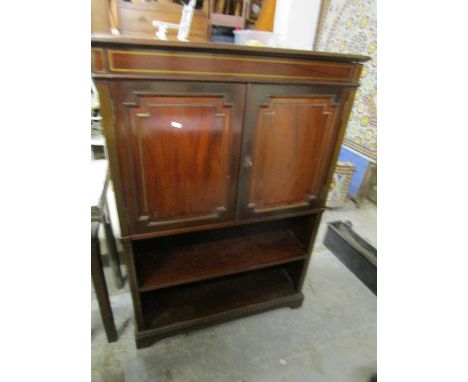 A modern mahogany side cabinet with brass inlaid stringing, twin cupboard doors revealing a fitted interior with sliding shel