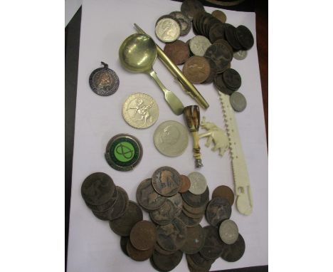 A mixed lot to include crowns, ivory items, a Staffordshire Union Golf Club Past President badge, a drama award, an ivory sea