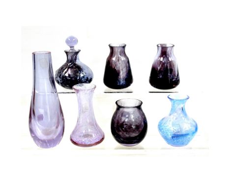 Caithness; seven items of various sizes to include an amethyst and pale blue scent bottle with stopper, marks to base, a pale