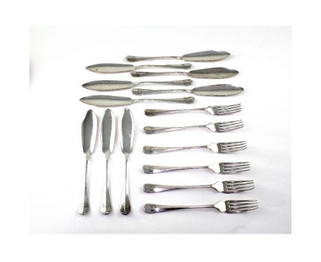 A cased set of four Elkington &amp; Co plated salts with four shell spoons, a cased set of six plated pastry forks, a cased s